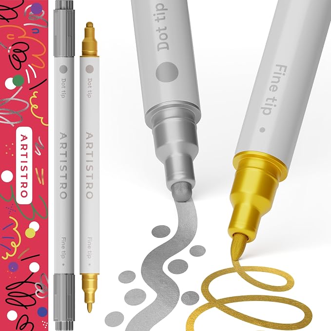 ARTISTRO Gold & Silver Dual-Tip Acrylic Paint Pens - Set of 2 | 5mm Dot + 1mm Fine Tips, Multisurface Markers, Perfect for Glass, Rock, Fabric, Wood, Plastic, & More