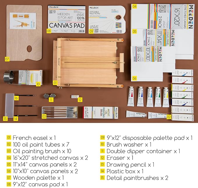 MEEDEN Oil Painting Set with French Easel, Paint Kit with Easel,7x100ml/3.38oz Paint, Paintbrushes,Canvas & Oil Painting Supplies for Adults &Artists