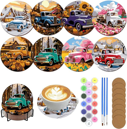 8 Pack All Season Paint by Numbers Kits Coasters with Holder Cork Pads | Truck Paint by Number Kits for Adults Simple Round Oil Painting Coaster for Small DIY Craft Holiday Birthday Gift 3.9x3.9in