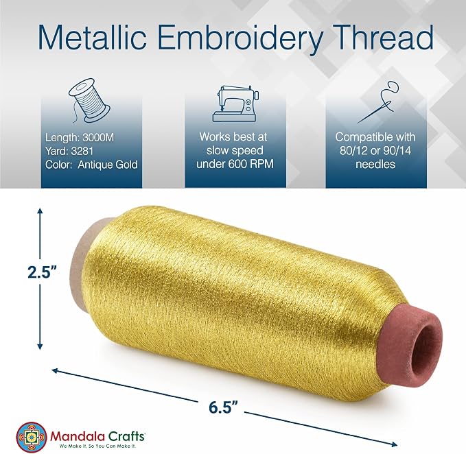 Mandala Crafts Metallic Antique Gold Embroidery Floss for Sewing, 3281 Yard Spool
