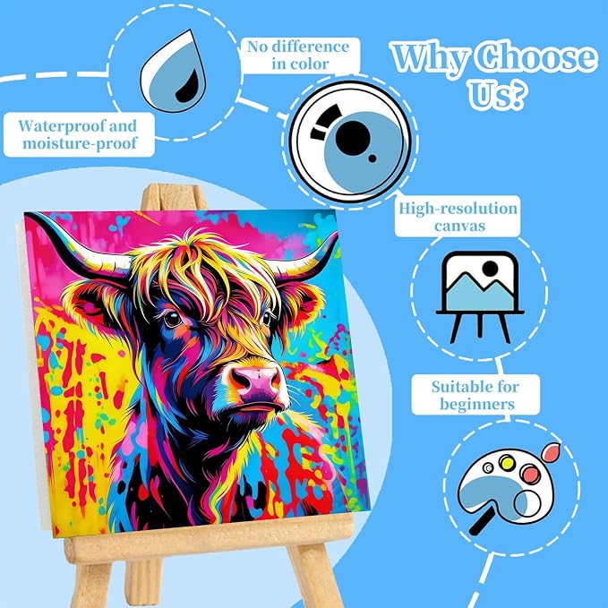 Arttoplus 4 Pack Paint by Numbers Kit for Kids with Frame, Animals 8x8in | Kids Paint by Numbers Ages 4-8-12 with Wooden Easel, Dinosaur Cow Horse Giraffe Oil Painting by number for Gift Home Decor