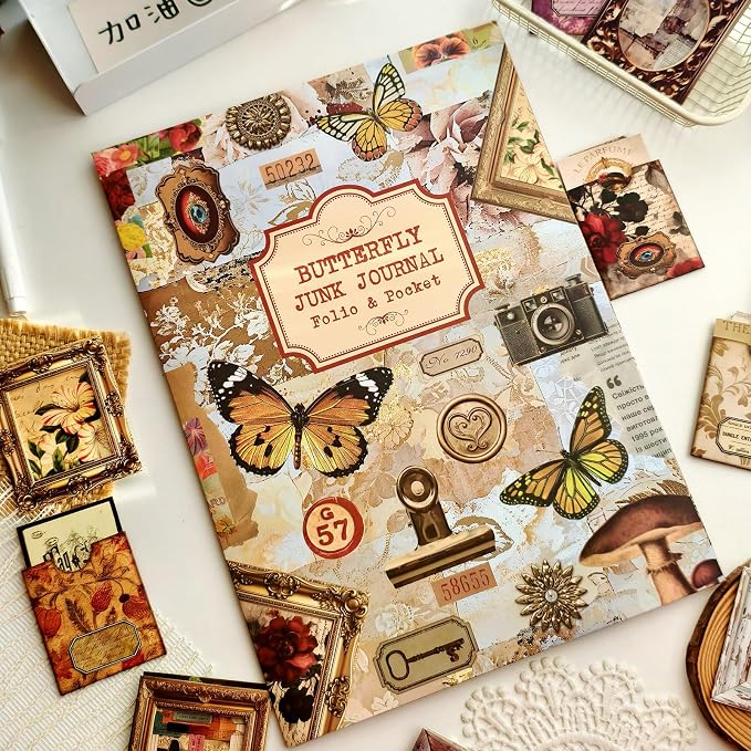 Vintage Junk Journal Kit with DIY Ephemera Storage and Accordion Pockets,11 Sheets Cardstock Pieces for Art Journaling, Scrapbooking and Mixed Media Crafts