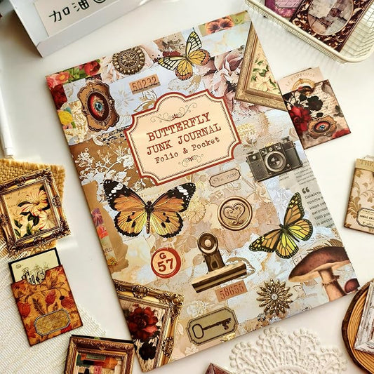 Vintage Junk Journal Kit with DIY Ephemera Storage and Accordion Pockets,11 Sheets Cardstock Pieces for Art Journaling, Scrapbooking and Mixed Media Crafts