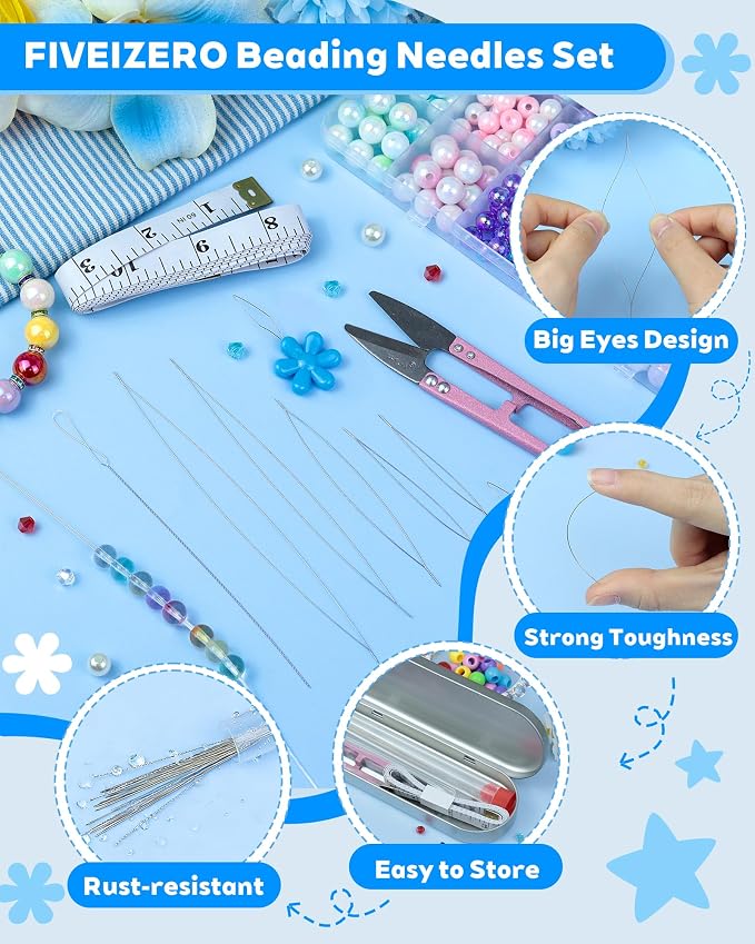 FIVEIZERO 21 Pieces Beading Needles Set, 6 Sizes Seed Beads Needles Big Eye, Collapsible Beading Needles Set for Jewelry Making