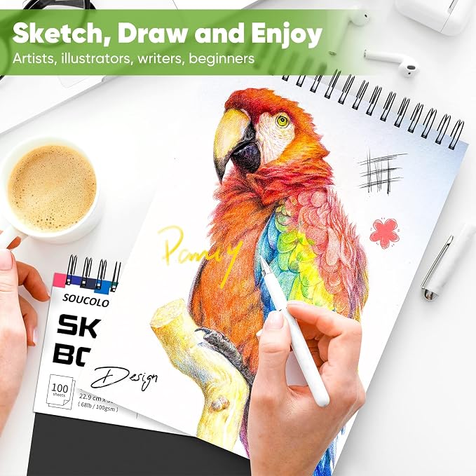 Soucolor Sketch Book,3 Pack 9"x12" Sketchbook for Kids Drawing Paper Pad | 300 Sheets Spiral Bound, Acid-Free 68lb/100gsm Art Paper for Kids Artists, Perforated Pages Suitable for all dry media