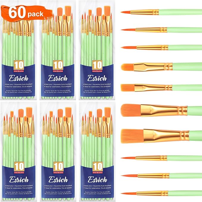 ESRICH 60PCS Paint Brushes, Paint Brush for Acrylic Painting | Artist Paintbrushes for Oil Watercolor, Body Face Rock Canvas, Small Paint Brushes for Kids, Green