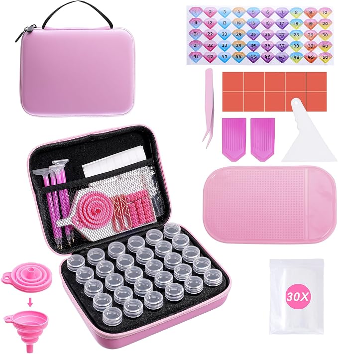 LYMUSUMI 30 Slots Diamond Art Storage Containers for Adults | Portable Bead Storage Boxes for Diamond Painting Accessories and Tools Pink