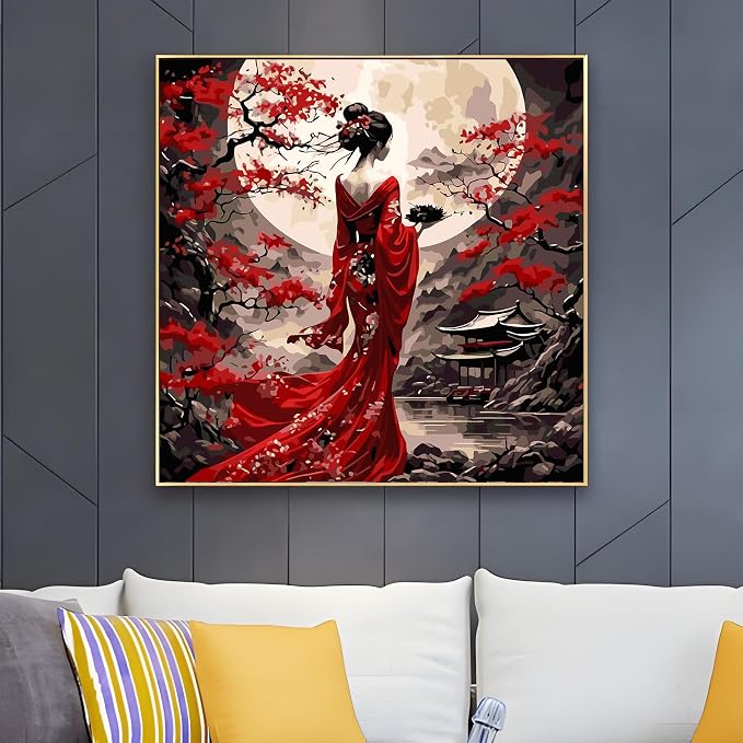 OJTOYART Paint by Number Kits for Adults, Oriental Lady & Moon Paint by Number Kits on Canvas, DIY Acrylic Watercolor Oil Colorful Painting by Number for Adults Home Decor 16 x 16 Inch
