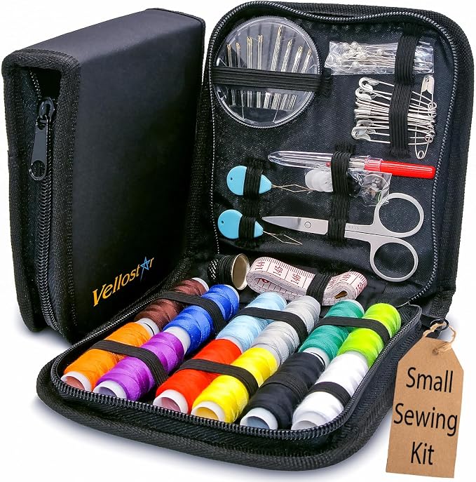 Vellostar Small Sewing Kit for Adults, Portable Needle & Thread Repair Set | Compact mini hand sewing kit with 12 thread colors, needles, scissors and buttons for quick clothing repairs at home or away