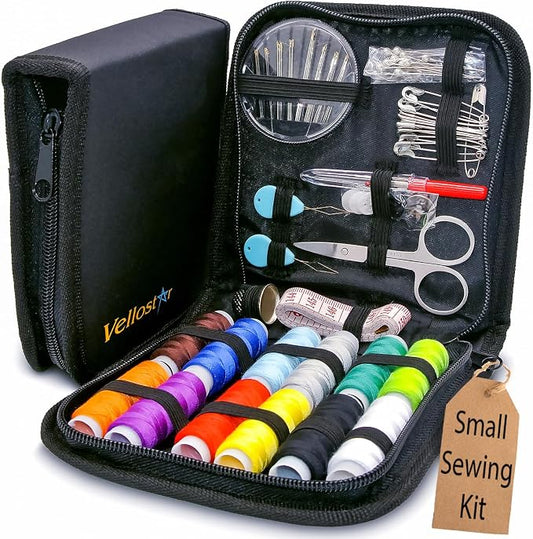 Vellostar Small Sewing Kit for Adults, Portable Needle & Thread Repair Set | Compact mini hand sewing kit with 12 thread colors, needles, scissors and buttons for quick clothing repairs at home or away
