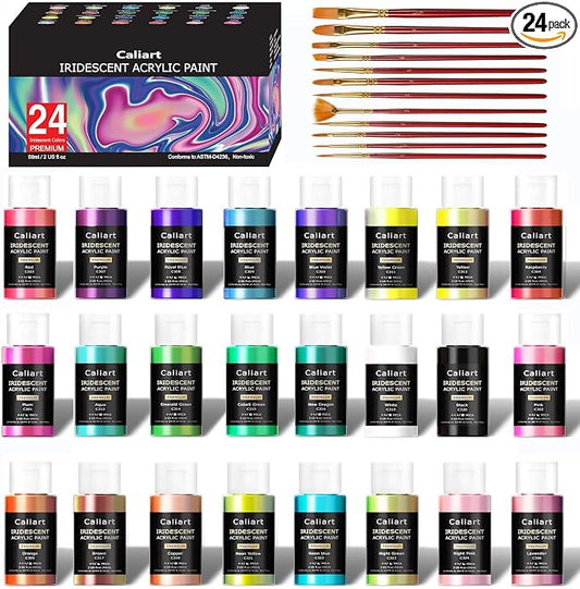 Caliart 24 Chameleon Colors Iridescent Acrylic Paint Set with 12 Brushes ﻿ | Craft Painting kit for Adults Artists Beginners, Rich Pigment Non-toxic, Canvas Wood Rock Pumpkin Ceramic Art Supplies Paint