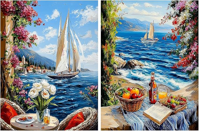 DOTSOPS 2 Pack Landscape Diamond Painting Kits for Adults Round Full Drill | Round Diamond Art Kits Paint by Number for Beginners,Gem Art Painting for Beginner,Home Wall Decor Gift 11.8 x 15.7 Inches