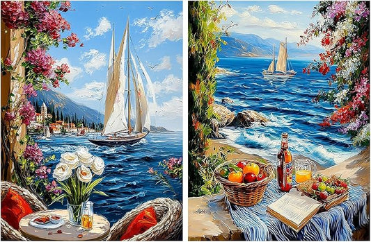 DOTSOPS 2 Pack Landscape Diamond Painting Kits for Adults Round Full Drill | Round Diamond Art Kits Paint by Number for Beginners,Gem Art Painting for Beginner,Home Wall Decor Gift 11.8 x 15.7 Inches