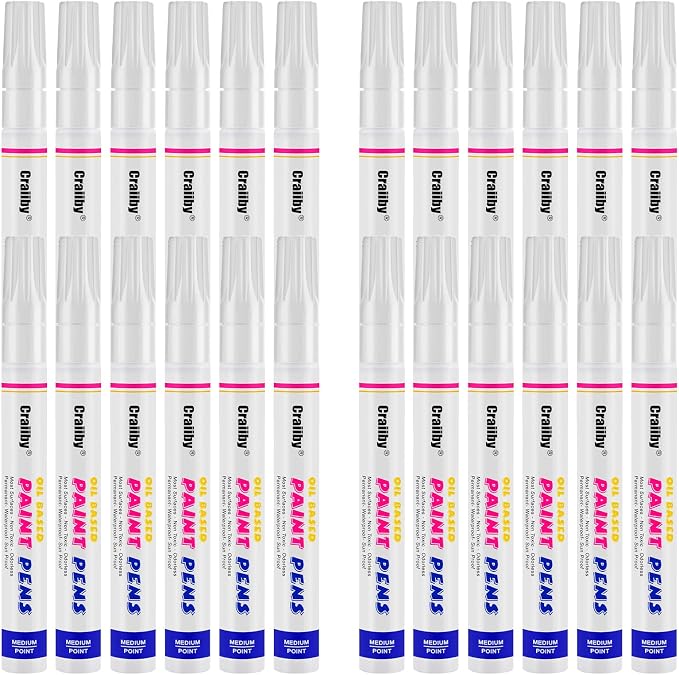 White Paint Markers, 24 Pack Oil-Based Waterproof Quick Dry Permanent Paint Pen Set for Rocks Painting, Wood, Fabric, Plastic, Canvas, Glass, Mugs, Metal, Tire, Stone, DIY Craft