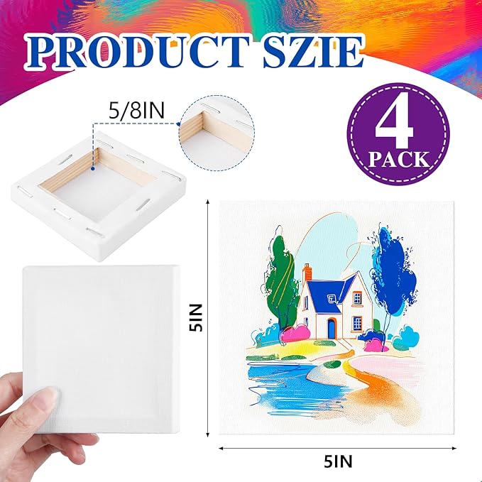 ESRICH 4 Pack Mini Canvases for Painting 5x5In, 5/8''Profile Small Square Canvases, Primed Cotton Small Stretched Canvas for Kids' Painting Supplies Such as Painting Parties,School&Home Decor Projects