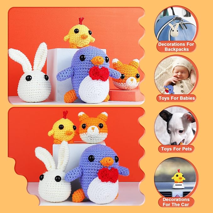 Coopay Crochet Kit for Beginners Adults w/Step-by-Step Tutorial | 4 in 1 Crochet Animal Kit - Penguin, Chick, Rabbit & Fox, Crochet Starter Kit-Include Everything Needed to Start