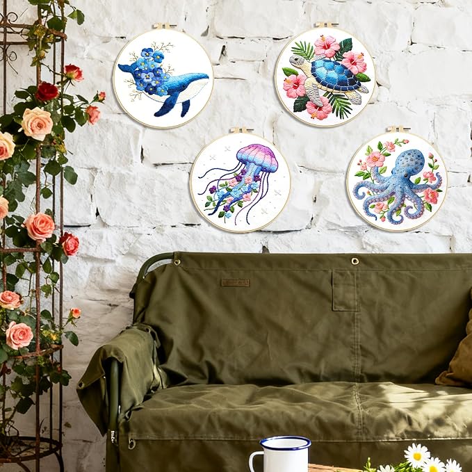 BEUNITONE 4 Pack Beginner Embroidery Kit for Adults, Marine Animals Flowers Pre-Stamped Pattern Needlepoint Kits with Hoops & Instruction, Handmade Embroidery Kits for Fabric and Home Decor 7.9x7.9