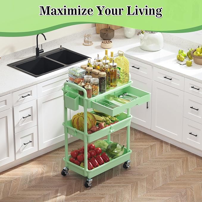 SUNALLY 3 Tier Rolling Cart with Drawer, Craft Storage Cart Organizer,Green