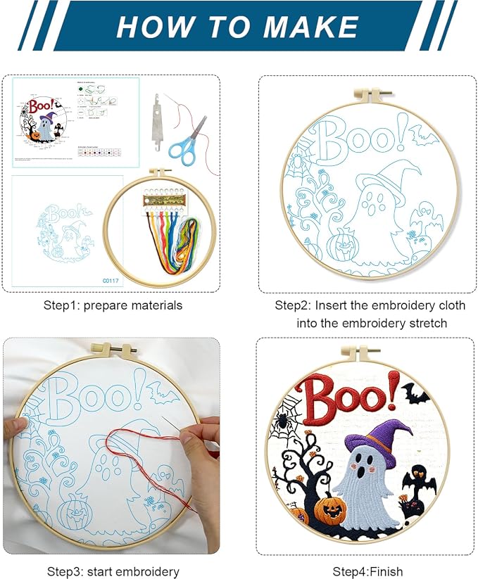 Zhenqing Halloween Ghost Embroidery Kit for Beginners, Cute Boo Needlework Kit with Pre-Printed Cotton Fabric, 20cm Hoop, Threads & Tools, Spooky DIY Wall Decor (C0117)