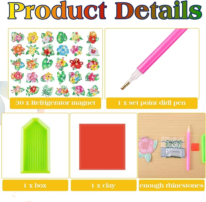 Remuuly 30 Pcs Hawaiian Diamond Painting Magnets Diamond Art Kits for Adult | Hibiscus Refrigerator Magnets, Tropical Flower 5D Rhinestone Fridge Magnetic Sticker, Diamond Club Gifts, Beginner DIY Crafts