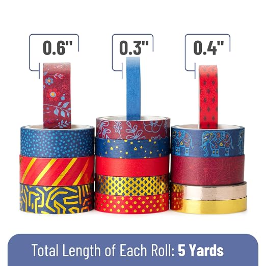 Mr. Pen- Washi Tape Set, 15 Rolls, Assorted Sizes, Metallic Foil | 5 Yards/Roll, Washi Tape for Scrapbook, Arts, Crafts, Journals and Planners, Gilded Grandeur