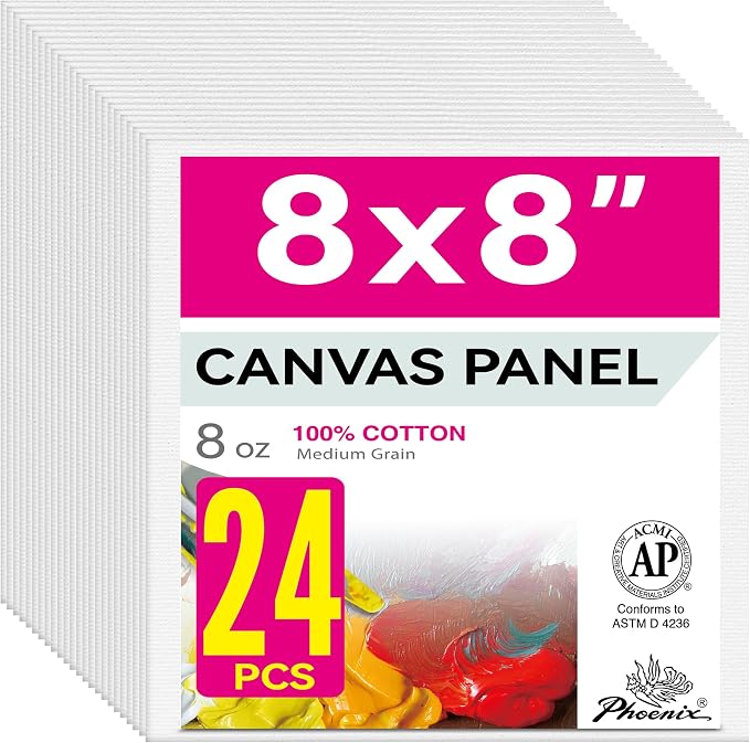 PHOENIX Painting Canvas Panels 8x8 Inch, 24 Bulk Pack - 8 Oz Triple Primed 100% Cotton Acid Free Square Canvas Boards for Painting, White Blank Flat Canvas Boards for Acrylic, Oil Paints