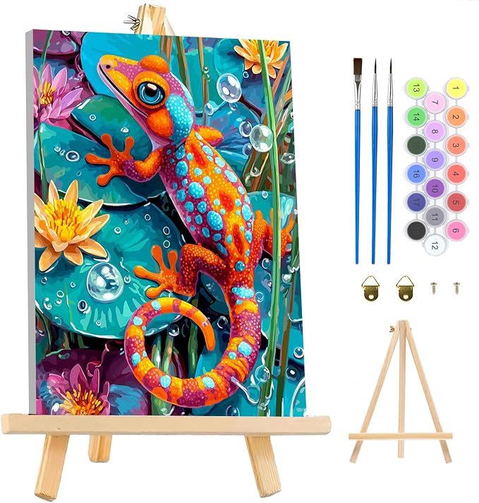 MAXBYE Chameleon Framed Paint by Numbers Kits for Adults with Wooden Easel, Easy DIY Adult Paint by Number Kits on Canvas, Paintings Kit for Beginners Gift Home Wall Garden Decor 10×14 Inch