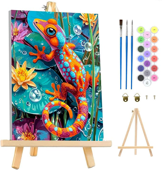 MAXBYE Chameleon Framed Paint by Numbers Kits for Adults with Wooden Easel, Easy DIY Adult Paint by Number Kits on Canvas, Paintings Kit for Beginners Gift Home Wall Garden Decor 10×14 Inch