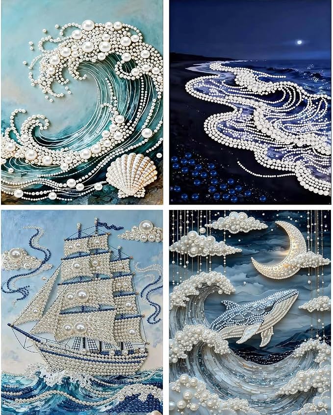 4 Packs Pearl Diamond Painting Kits for Adults Waves Sailboats 12 x 16 inch | Sea Wave Design, Diamond Art by Numbers, Special Shape Pearl Dots, DIY, Home Wall Decor