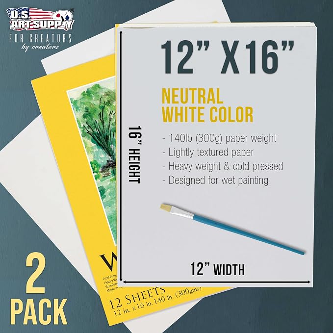 U.S. Art Supply 12" x 16" Premium Heavyweight Watercolor Paper Pad, 2-Pack