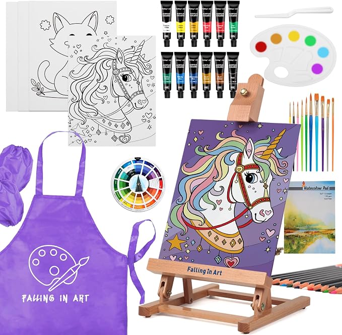Falling in Art 46 Pcs Kids Acrylic Painting Set with Table Easel, Purple | Art Painting Kit with Paints, Canvas, Paintbrushes, Canvas Supplies Kit for Kids, Adults, Beginners, and Artists