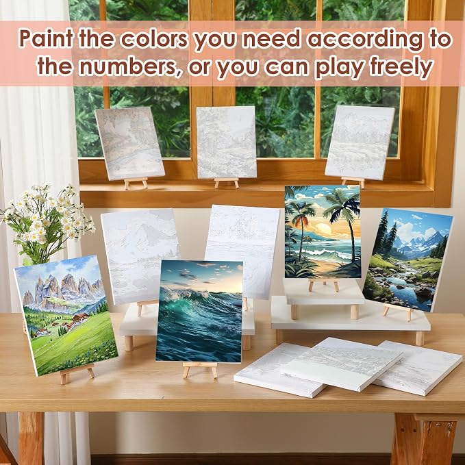 RoundFunny 12 Set Paint by Numbers Kit for Adults Landscape Painting 8x10 | with Wooden Frame Easel Acrylic Paints Brushes Watercolor Oil, DIY Stress Relief Paint by Number for Beginner Home Wall Decor