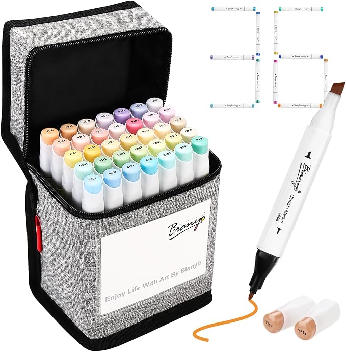 Bianyo 36 Pastel Colors Alcohol Markers Set, Dual Tip Fine & Chisel Markers with Grey Carry Case for Coloring, Blending, Sketching, Drawing & Highlighting
