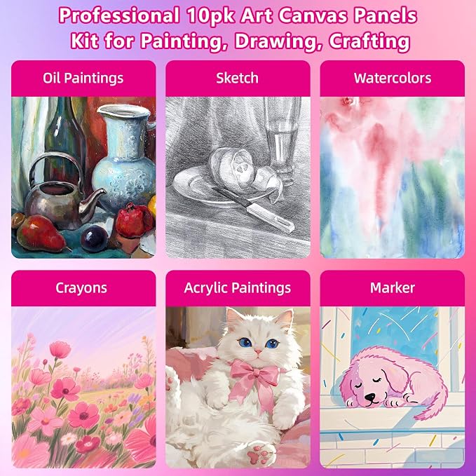 10 Pack 9"x12" Canvas Boards for Painting, Canvas Panels for Acrylics | 100% Cotton, Triple Primed Acid-Free, No Warp, Super Value Pack Panels for Birthday Party Gifts, Kids, Adults & Artists