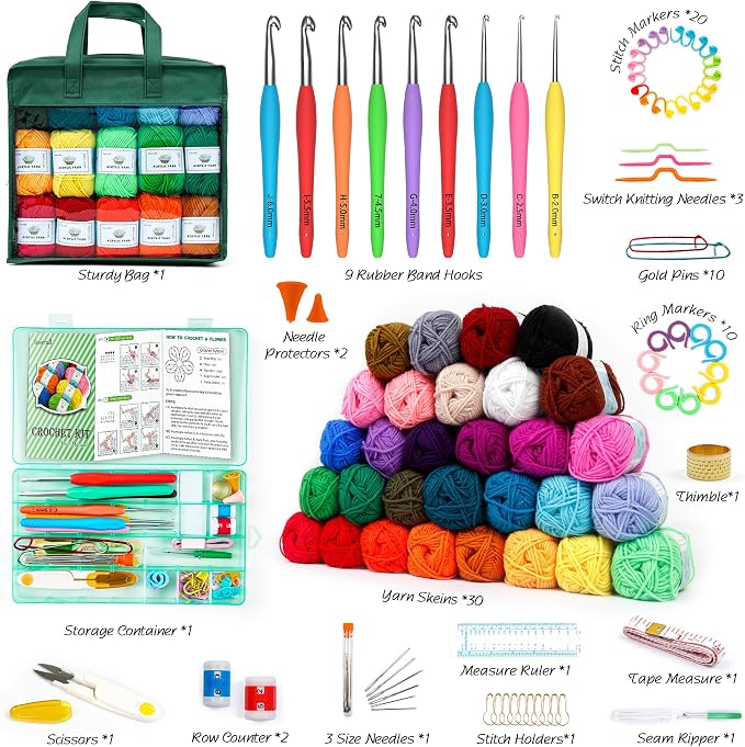 INSCRAFT Crochet Yarn Kit for Beginners Adults and Kids, Includes 1650 Yards 30 Colors Acrylic Skeins, User Manual, Hooks, Dark Grass Bag etc, Make Amigurumi & Projects, Starter Set for Professionals