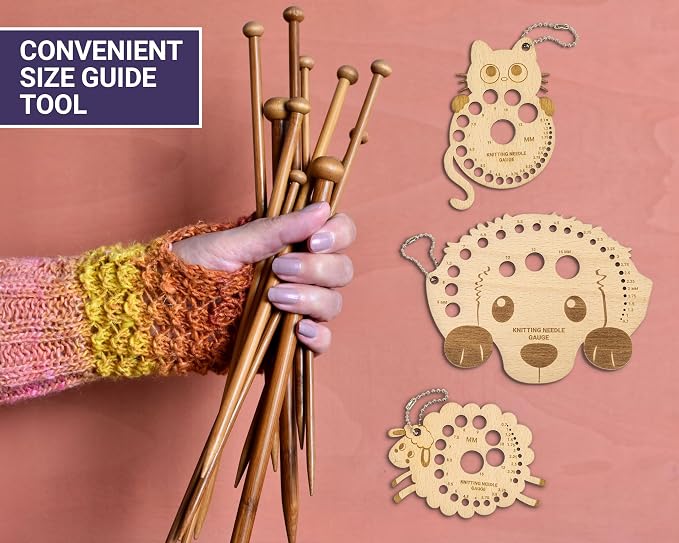 The Quilted Bear Wooden Knitting Needle Gauge - Knitting Gauge Measuring Tool for Accurate Needle Measurements with Metric & Imperial Sizes 0.7mm to 15mm & US 6-0 to 19 in Various Fun Designs (Dog)