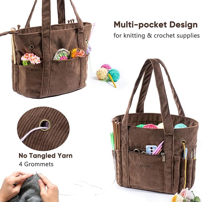 MYBAGZING Corduroy Crochet Bag 11.5" Large Yarn Storage Tote with Grommets, Needle Holders – Knitting Bag Organizer for Crochet Hooks, Accessories, Tools & Projects –Gift for Knitters & Crafters