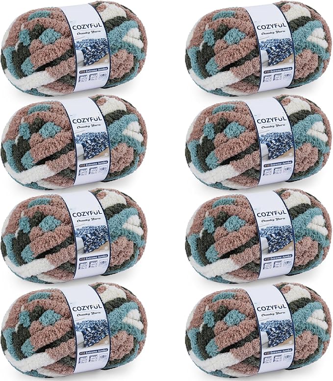 Cozyful Chunky Yarn for Hand Knitting - #10 Chunky Chenille Blanket Yarn, Jumbo Big Thick Chunky Yarns for Crocheting, Tie Dye Bulky Knit Yarns, 8 Skein (20 yds 8 oz Each Skein), Forest&Teal&Coffee
