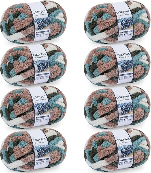Cozyful Chunky Yarn for Hand Knitting - #10 Chunky Chenille Blanket Yarn, Jumbo Big Thick Chunky Yarns for Crocheting, Tie Dye Bulky Knit Yarns, 8 Skein (20 yds 8 oz Each Skein), Forest&Teal&Coffee