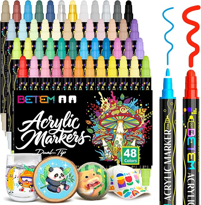 Betem48 Colors Dual Tip Acrylic Paint Markers, Fabric Decorating Kits | Premium Water-Based Acrylic Paint Pens Art Supplies for Fabric, Rock, Wood, Glass, Canvas, Ceramic, School Supplies