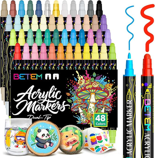 Betem48 Colors Dual Tip Acrylic Paint Markers, Fabric Decorating Kits | Premium Water-Based Acrylic Paint Pens Art Supplies for Fabric, Rock, Wood, Glass, Canvas, Ceramic, School Supplies