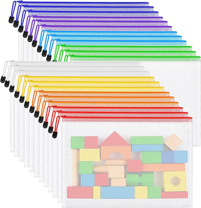 24pcs Mesh Zipper Pouch Bags, A3 Large Size 8 Colors Plastic Zipper Bags for Organizing Storage, Clear Pouches with Zipper, Waterproof Mesh Bags for Office Supplies, Home Organize, Travel Storage