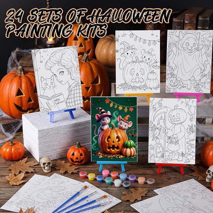 Blosssound 24 Pack Cute Halloween Pre Drawn Canvas to Paint Pre Printed Canvas Painting Kits with Easel Paint Pots Brushes Stretched Panels Bulk for Adult Party Student Beginner Birthday DIY