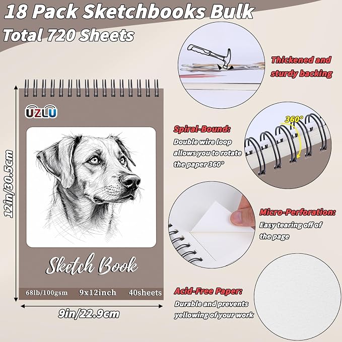 UZLU 18 Pcs Sketch Book Bulk 9 x 12 in 720 Sheets Top Spiral Bound Sketch Pad Drawing Paper 40 Sheets Each Acid Free Mixed Media Sketchbook 68lb/100gsm Art Supplies for Beginner Artist