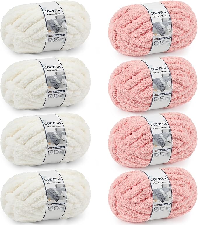 Cozyful Chunky Yarn for Hand Knitting - #10 Chunky Chenille Yarn, Jumbo Big Thick Chunky Yarns for Crocheting, Super Bulky Chunky Knit Blanket Yarns, 8 Skein (22yd, 8oz/Skein), Cream & Pink