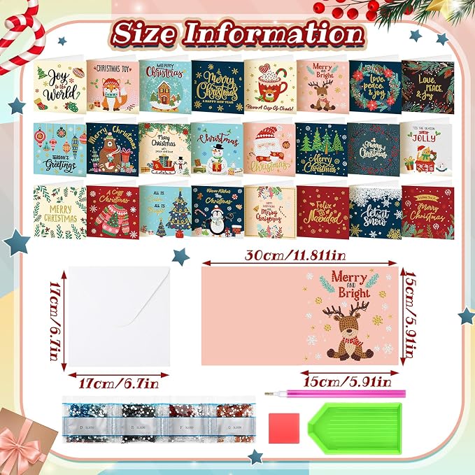 Saillong 24 Pack Christmas Diamond Painting Greeting Cards with Envelopes