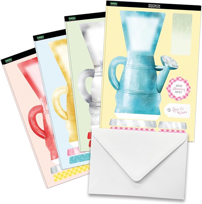 Katy Sue Watering Can Blossoms & Blooms Card Making Kit. 8 Shaped Cards, 3 Sheets of Floral Die Cut Decoupage, 8 Envelopes, Adhesive Foam Pads, & Instructions. For Card Making Supplies & Card Crafting