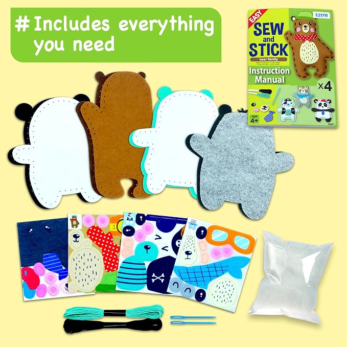 EZCRA Bear Sewing Kit for Kids Ages 4-8 - 4 Beginner Felt Projects
