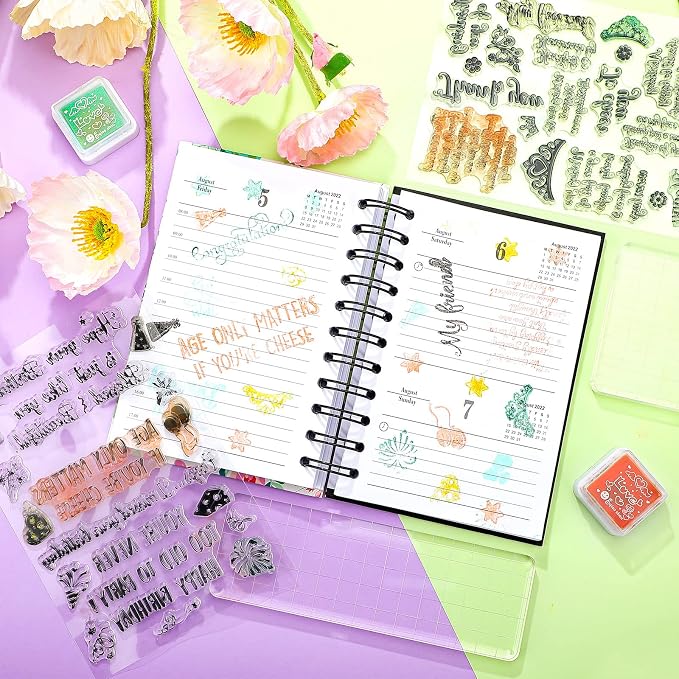 Clear Stamps for Card Making, 4 Sheets Sentiments, 3 Acrylic Blocks | Happy Birthday Rubber Stamps, Grid Line Blocks, DIY Scrapbooking, Journaling, Ink Pad Compatible