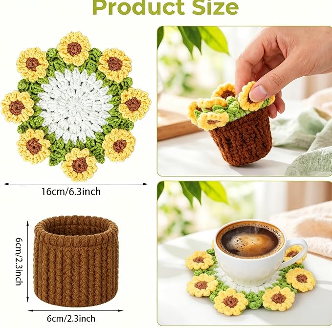 Sunflower Crochet Coasters Set - Knitted Cotton Flower Coaster | Mini Potted Plant Flower Decoration for Home Office Desk - Knitted Cotton Flowers Bouquet for Housewarming Gift Car Decor